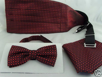ESSENTIALS BY MANUEL 13) Red/Burgundy-Tiny Diamonds shapes-Silk Mens Bow Tie + Cummerbund & Hanky Set