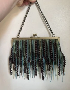 🦋 Steve Madden Rare Olive Green Satin Evening Bag with Funky Beaded Fringe NWOT - Picture 1 of 3