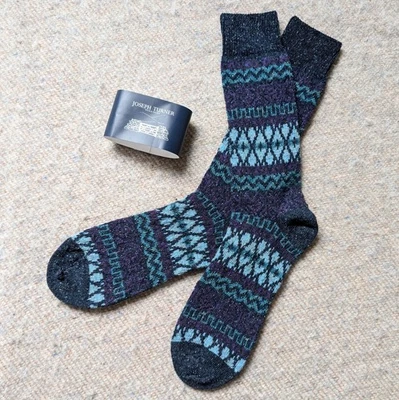 Joseph Turner Men's Fair Isle Socks - Navy/Purple - Size M / UK 6-9 Made in UK  - Image 1 of 4