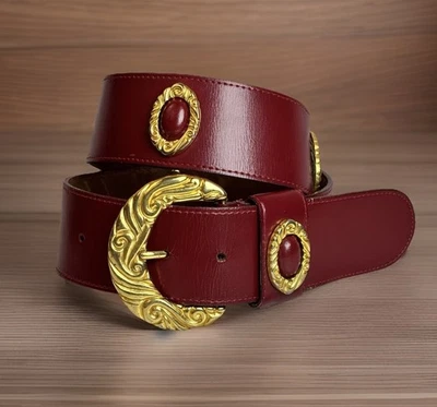 Cinturón Vintage Años 80 Tono Oro Rojo M Ancho Cuero Italiano Cipriani Cabujón Foto 1 de 4