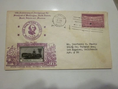 US COVER 1939 50TH STATEHOOD FDC SCOTT 858 CROSBY OLYMPIA WASHINGTON CACHET - Image 1 of 3