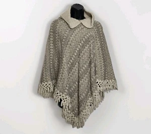 Knit Beige Poncho One Size Cape Fringe - Picture 1 of 4