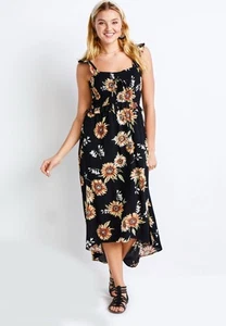 NWT Maurices L 12 14 Black Sunflower Spring Romantic Smock Boho Hi Lo Maxi Dress - Picture 1 of 8