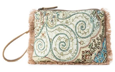 Myra Bag #12809 Beaded Canvas, Balmy Blue Back & Inside 9.5"x7" Clutch~Pockets - Image 1 of 4