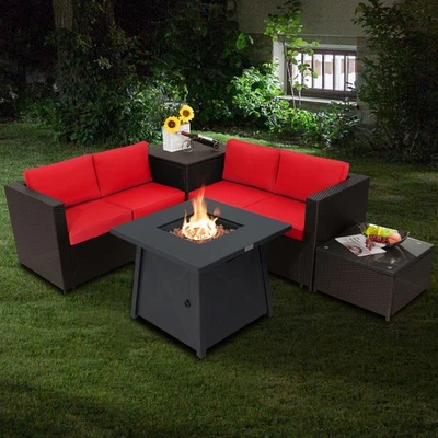 Patiojoy 5PCS Patio Rattan Furniture Set w/ 50,000 BTU Gas Fire Pit & Covers Red - Image 1 of 4