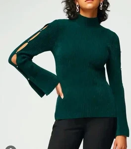 Suéter acanalado hombro frío WHBM para mujer talla pequeña verde esmeralda - Imagen 1 de 7