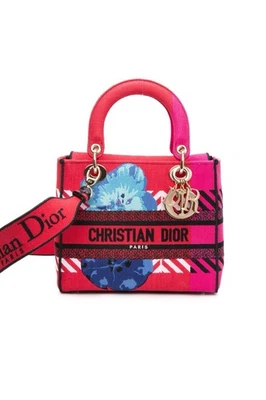 DIOR Red Pink Canvas Embroidered Flower Pop Medium Lady D-Lite Bag - Image 1 of 4