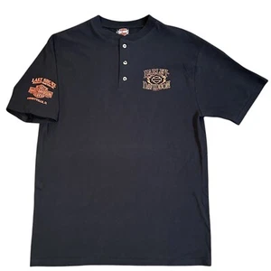 HARLEY DAVIDSON 3 Button Henley Short Sleeve Shirt Size LARGE Black Libertyville - Picture 1 of 9
