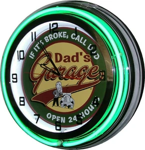 19" DAD'S GARAGE Open 24 Hours Sign Green Double Neon Clock Man Cave Muscle Car - Bild 1 von 1