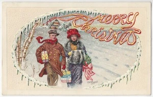 Postal de felicitaciones de Navidad de 1916 - Hermosa pareja llevando regalos en la nieve - Imagen 1 de 2