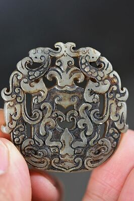 Exquisite Chinese Old Jade Hand Carved *Dragon&Phoenix* Pendant Y06 • 9.55$