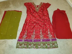 Red Ladies Salwar Kameez Set with silver/purple/green embroidery (Small) - Picture 1 of 15
