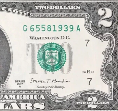 G 6558 1939 A : TRAILING YEAR 1939 $2 Two Dollar Bill Serial Number - Image 1 of 3