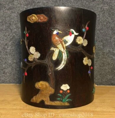 Maceta de cepillo de pájaro flor dinastía gema incrustación de madera de sándalo rojo de 7" para coleccionar China Foto 1 de 4