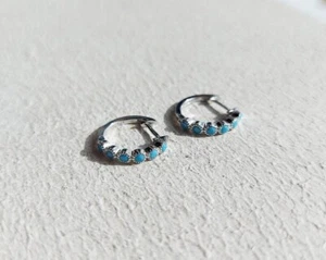 925 Sterling Silver Lab Turquoise Huggie Dainty Small Hoop Earrings (As a pair) - Picture 1 of 7
