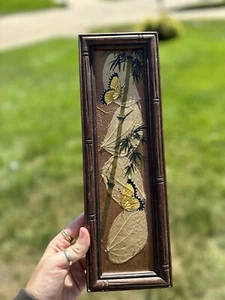 Vtg Butterfly Bamboo Leaf Wood Frame Asian Art Picture Signed - Picture 1 of 6
