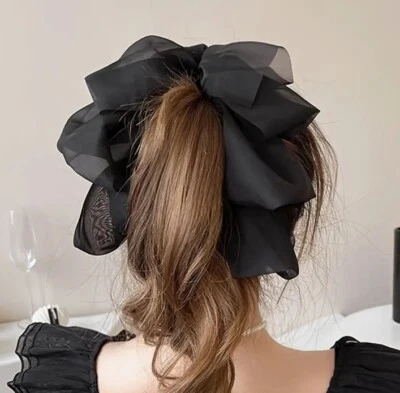 Black Double Layer Chiffon Stylish Bow Hair Claw Ponytail Tie All Hair Types - Image 1 of 4