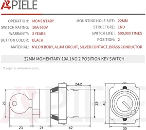 22MM 2 Position Key Switch Momentary 1NO XB2-10Y/22 (2 Position Momentary) - Picture 1 of 12