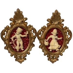 Mid Century Dutch Boy Girl Gold Framed Glitter Wall Kitsch Art Hong Kong 1950s - Picture 1 of 10