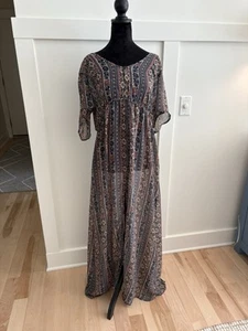 Xhilaration Women Maxi Floral Short Sleeve Size L/XL Button Up Semi-Sheer Boho - Picture 1 of 8