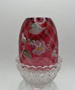 Fenton Cranberry Diamond Optic Artist Signed Floral Fairy Lamp Light *read* - Picture 1 of 13