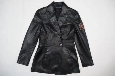 Ralph Lauren Jacket Coat Black Leather Crest Double Breasted Military Marine 6 - Image 1 of 4