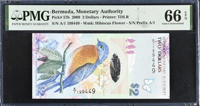 Bermuda 2 Dollars 2009 P 57b UNC PMG 66 EPQ A/1 Prefix 3rd TOP POP - Image 1 of 4