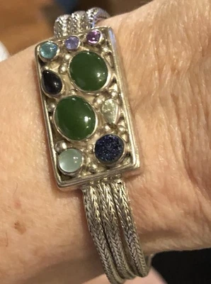 Sajen 925 Triple Row Toggle Bracelet With Multi-Stone Centerpiece! - Image 1 of 4