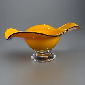Vintage 1960s Teleflora Ruffled Tango Bowl Dish Orange Art Glass Pedestal - Picture 1 of 5