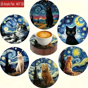 6er Set Weihnachten Van Gogh Stil Katze Untersetzer Holz Getränkematte - tolles Geschenk! - Bild 1 von 4