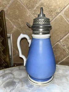 Antique Ironstone-China Knowle S.taylor Blue Syrup Pitcher Pewter Lid Farmhouse - Picture 1 of 10
