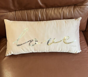 Velvet Look Sequined ‘Love’ Design Long Sofa Cushion 56cm X 25cm X 14cm In Pink