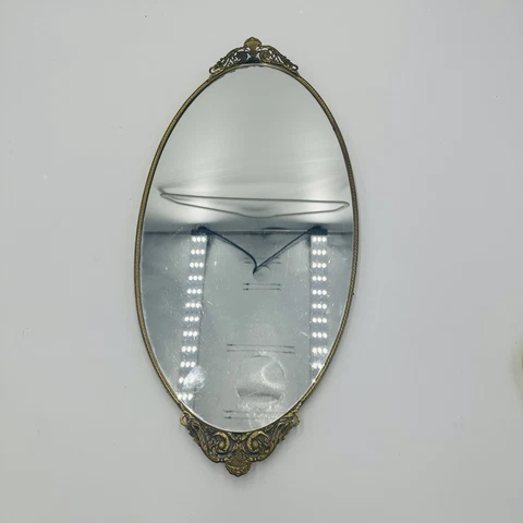 Mirror Art Deco Gilt Brass Wall Vintage Oval  8in W x 17in H Jewerly Display Cover