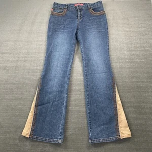 Y2K Bongo Jeans Women 16 Medium Wash Flare Leg Low Rise Hippie Suede Patchwork - Picture 1 of 9
