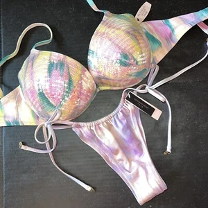 Victoria's Secret 34DD BIKINI M bottom Purple Lilac Pink Teal Green SEQUINED - Picture 1 of 4