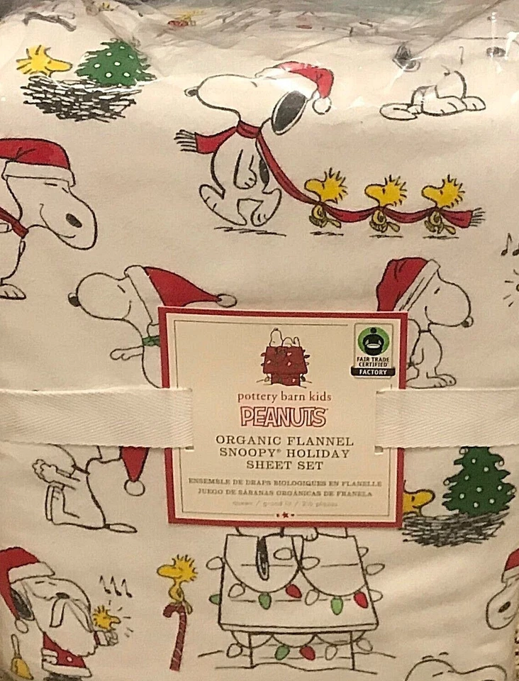 *Pottery Barn Kids Peanuts Holiday flannel FULL sheets SNOOPY teen - Image 1 of 1