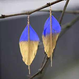 Mode Damen mehrfarbig Feder Tropfen lange Kette hängen Haken Ohrringe Schmuck - Bild 1 von 51