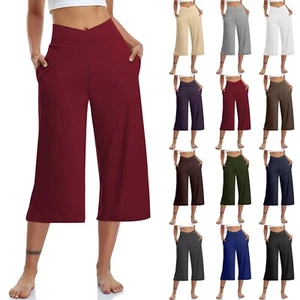 Women Elastic High Waist 3/4 Casual Fit Capris Leg Pants Trousers With Pockets - Picture 1 of 51