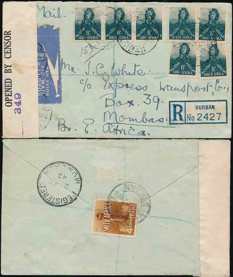 SUDÁFRICA A KENIA CENSURADO REGISTRADO 1942 CORREO AÉREO FRANQUEO MÚLTIPLE Foto 1 de 1