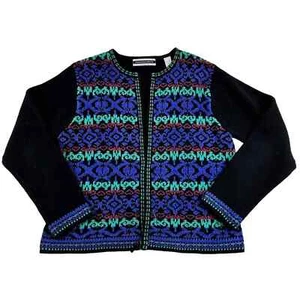 90s Southwestern Funky Colorful Black Cardigan Full Zip Sweater Women's M - Picture 1 of 4