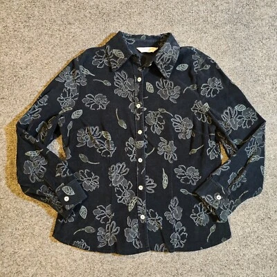 Camisa Top Fresh Produce Mujer Pequeña Negra Floral Pana Botón Manga Larga Foto 1 de 4