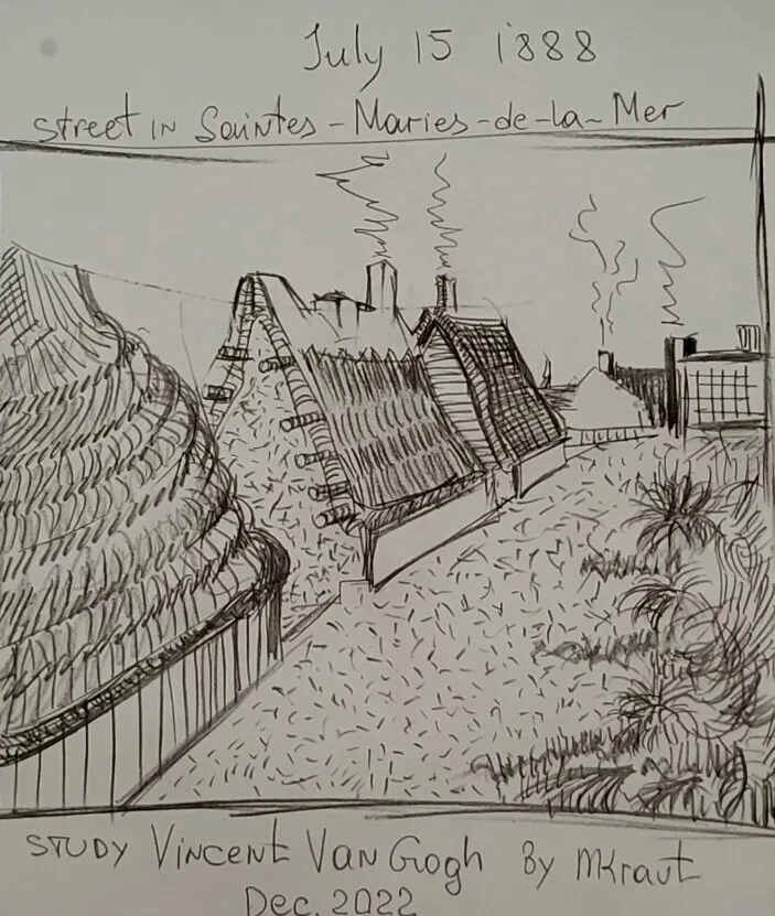 Dibujo inspirado en Van Gogh estudio escena callejera arte paisajístico 8,5x11 firmado fechado MK Foto 1 de 4