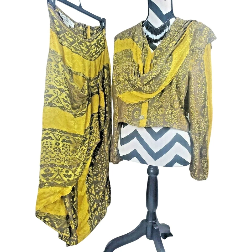 Rare Vintage 90s Sue Wong Viscose Dress Skirt Set Tribal Gold Outfit Large - Image 1 of 4