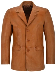 New Men's Leather Blazer TAN Lambskin Real Leather Slim Fit 3 Button Coat Blazer - Picture 1 of 9