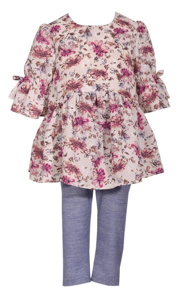 Bonnie Jean Bell Sleeve Floral Print Flounce Dress and Blue Legging Pants Set - Image 1 of 1
