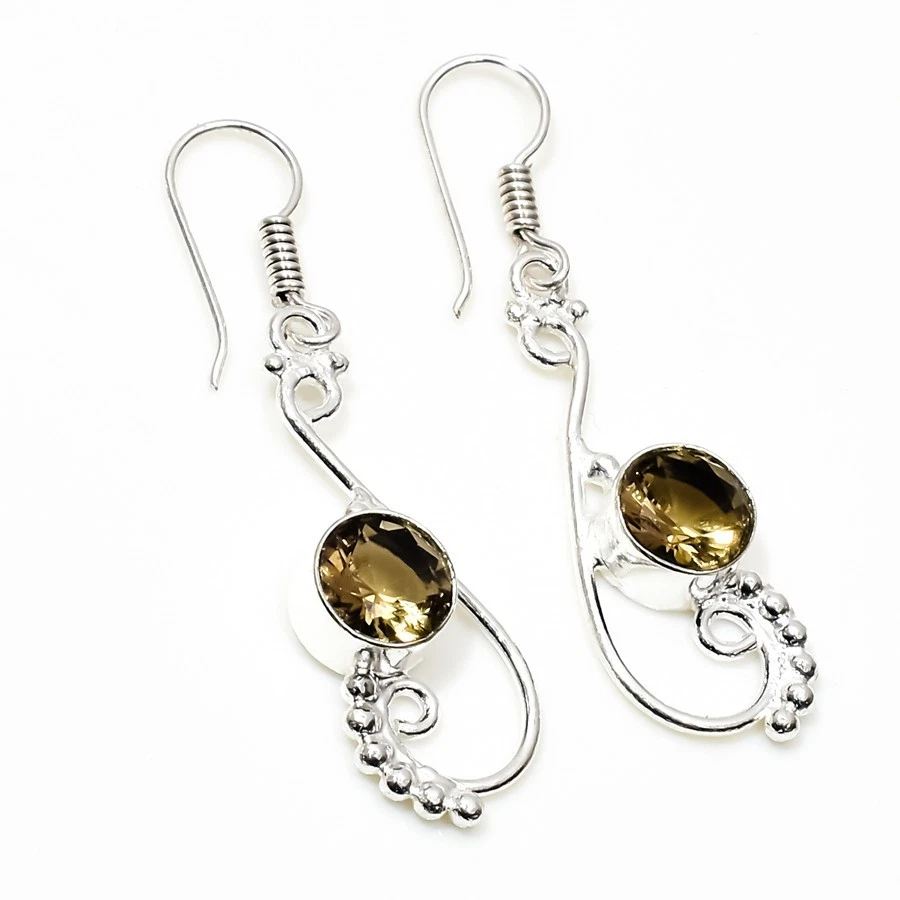 925 Sterling Silver Smoky Quartz Gemstone Handmade Jewelry Earring Size-1.8" - Image 1 of 4