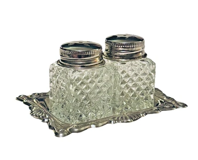 Mini Diamond Point Salt and Pepper Shakers on Designated Mini Silver Plated Tray - Image 1 of 4