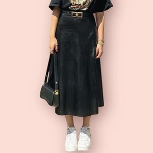 Vtg Y2K High Rise Black Leather Maxi Skirt Size M Waist 28” Biker Matrix Grunge - Picture 1 of 8