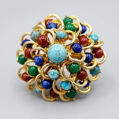 Vintage Unsigned Multicolor Art Glass Cab Round Layered Dome Gold Tone Brooch - Image 1 of 4