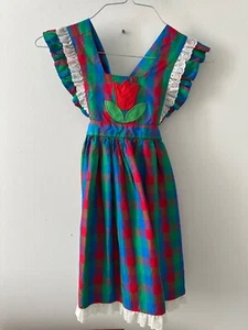 Abito vintage Ellen Miklas bambina a quadri pinafore con applicazione tulipano e bordo in pizzo - Foto 1 di 5
